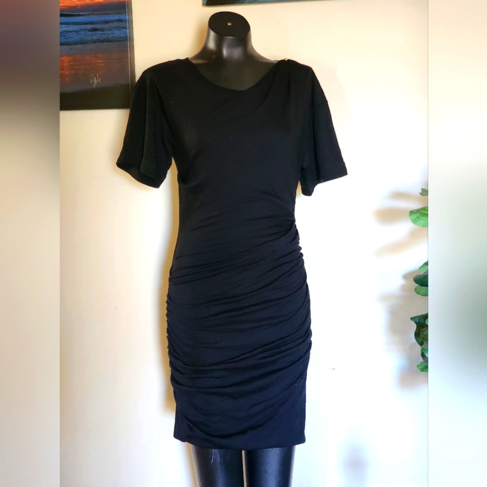 Louis Vuitton Black Knit Wool Scrunchy Short Sleeve Dress Gold Accents Sz. L
